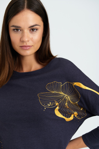 Bawełniana tunika z metalicznym nadrukiem, ciemny granat