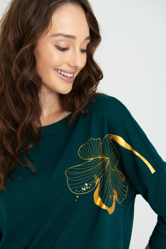 Luźna tunika z metalicznym nadrukiem, ciemna zieleń