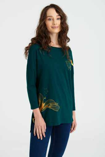 Luźna tunika z metalicznym nadrukiem, ciemna zieleń