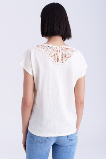 Bawełniany top z koronkowym dekoltem, biały