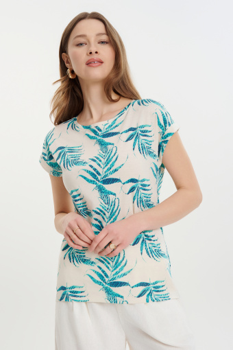 Kremowy top z nadrukiem w niebieskie liście