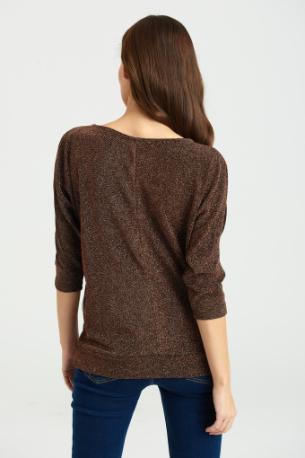 Dzianinowy top z połyskującą nitką, ciemnobrązowy