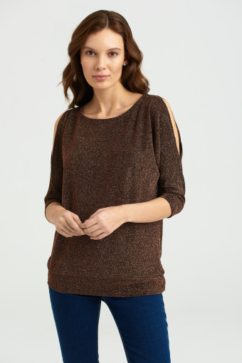 Dzianinowy top z połyskującą nitką, ciemnobrązowy