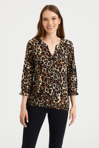 Luźna, czarno-brązowa bluzka w  zwierzęcy nadruk