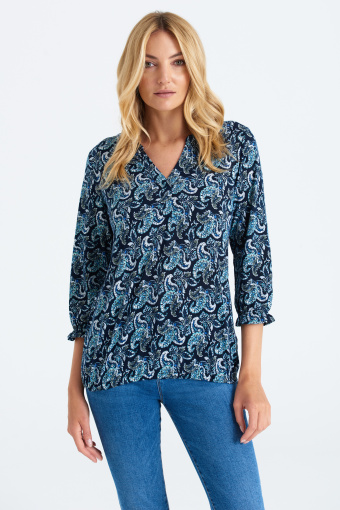 Luźna bluzka z niebieskim nadrukiem typu paisley, rękaw 3/4