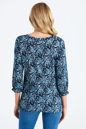 Luźna bluzka z niebieskim nadrukiem typu paisley, rękaw 3/4