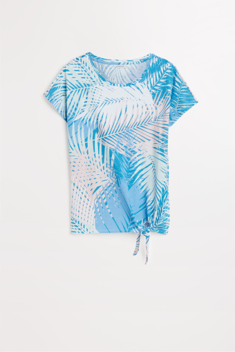 Błękitny top z wiązaniem nadruk w liście