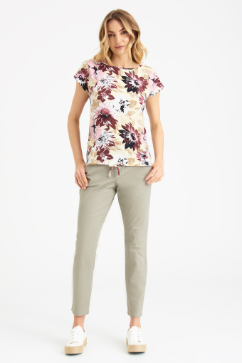 Luźny top z troczkami, nadruk w kolorowe kwiaty