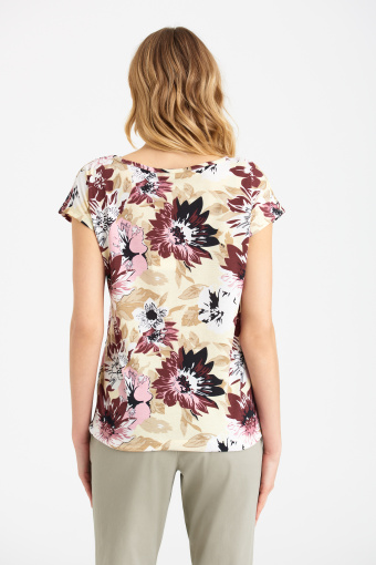 Luźny top z troczkami, nadruk w kolorowe kwiaty