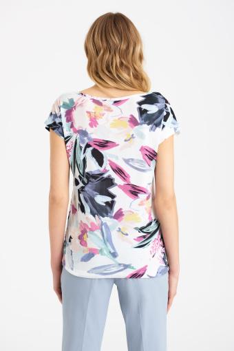 Top oversize z kwiatowym printem i troczkami u dołu