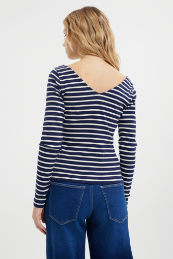 Granatowy top w paski z wycięciem w kształcie V na plecach 
