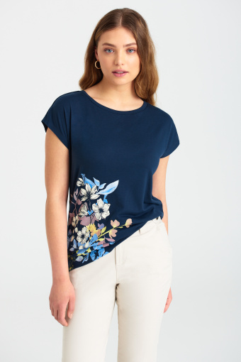 Granatowy top z grafiką w kwiaty