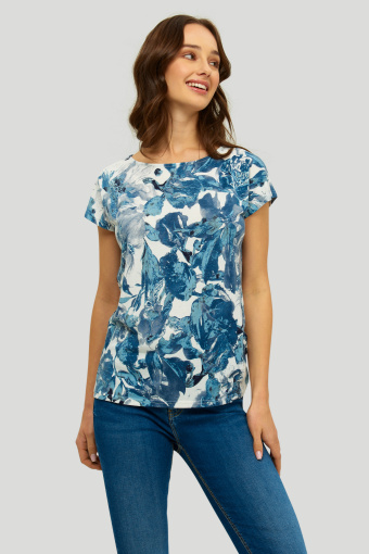 Luźny top z nadrukiem w niebieskie kwiaty