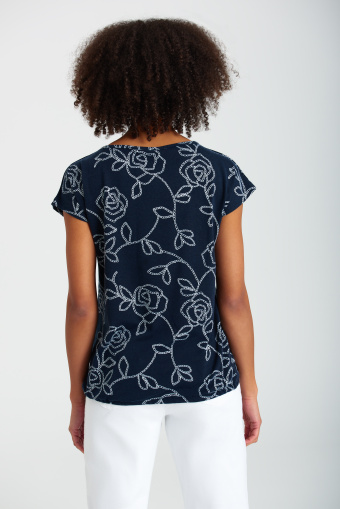 Ciemnogranatowy top, nadruk w kwiaty