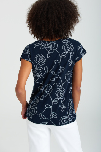 Ciemnogranatowy top, nadruk w kwiaty