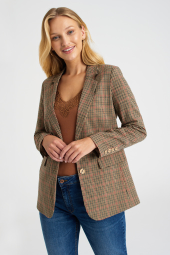 Dzianinowa bluzka z koronką przy dekolcie, jasny brąz Dzianinowa bluzka z koronką przy dekolcie, jasny brąz