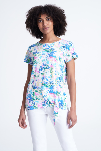 Top z nadrukiem w kwiaty, ozdobne wiązanie