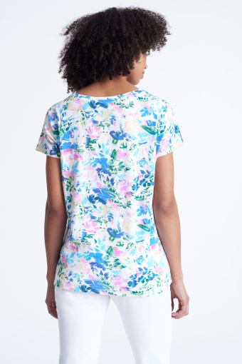 Top z nadrukiem w kwiaty, ozdobne wiązanie