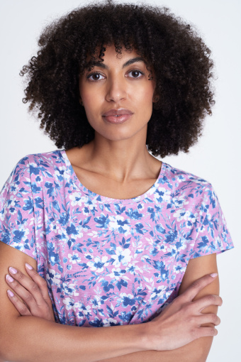 Liliowo-niebieski top z nadrukiem, krótki rękaw