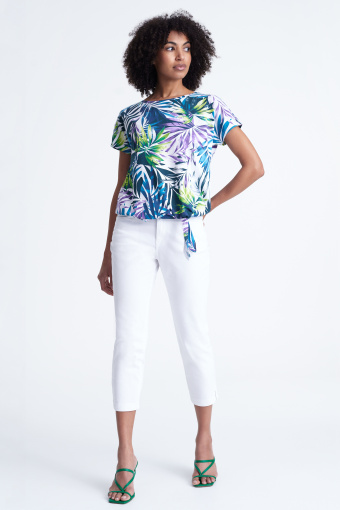 Kolorowy, luźny top z tropikalnym nadrukiem