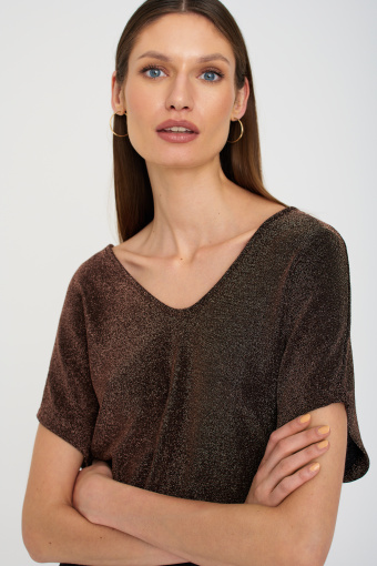 Błyszczący top w kolorze miedzi, krótki rękaw