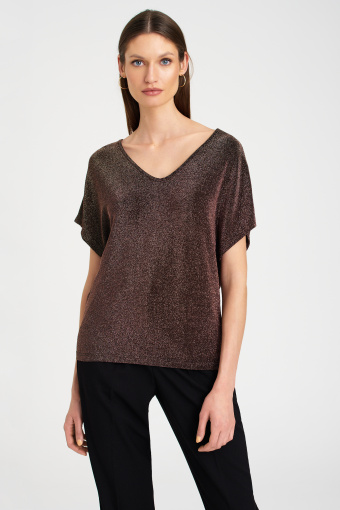 Błyszczący top w kolorze miedzi, krótki rękaw