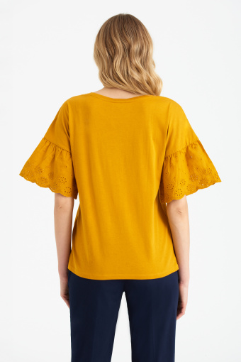 Bawełniany top z ozdobnymi rękawami, żółty