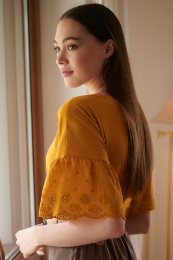 Bawełniany top z ozdobnymi rękawami, żółty