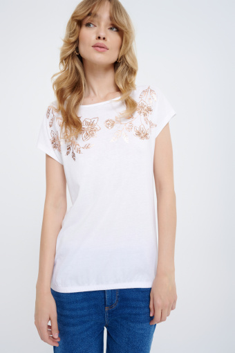 Biały top z połyskującym nadrukiem w kwiaty Biały top z połyskującym nadrukiem w kwiaty
