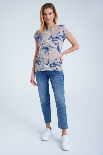 Top w kolorze beżowym z ozdobnym nadrukiem Top w kolorze beżowym z ozdobnym nadrukiem