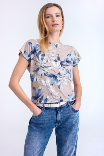 Top w kolorze beżowym z ozdobnym nadrukiem Top w kolorze beżowym z ozdobnym nadrukiem