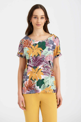 Oversize'owy top z nadrukiem w kolorowe kwiaty