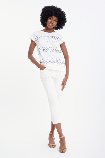 Biały luźny top z błękitny wzór Biały luźny top z błękitny wzór