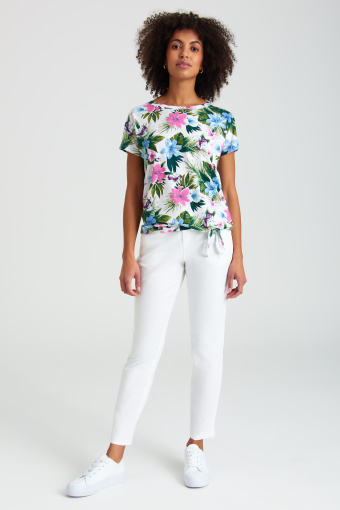 Bawełniany top w tropikalne, różowo-niebieskie kwiaty