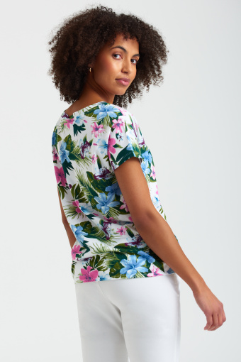 Bawełniany top w tropikalne, różowo-niebieskie kwiaty