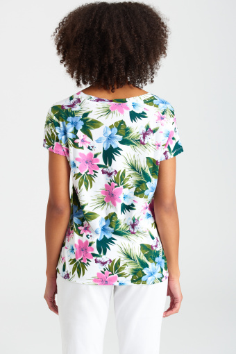 Bawełniany top w tropikalne, różowo-niebieskie kwiaty