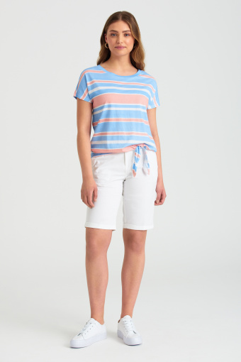 Pastelowy top z nadrukiem w paski, luźny fason Pastelowy top z nadrukiem w paski, luźny fason