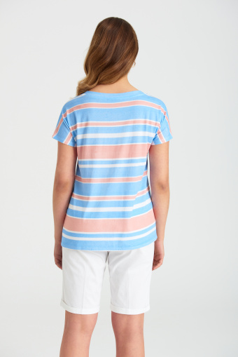 Pastelowy top z nadrukiem w paski, luźny fason Pastelowy top z nadrukiem w paski, luźny fason