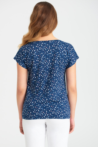 Granatowy top z gumką u dołu, nadruk w kropki