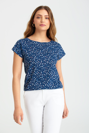Granatowy top z gumką u dołu, nadruk w kropki