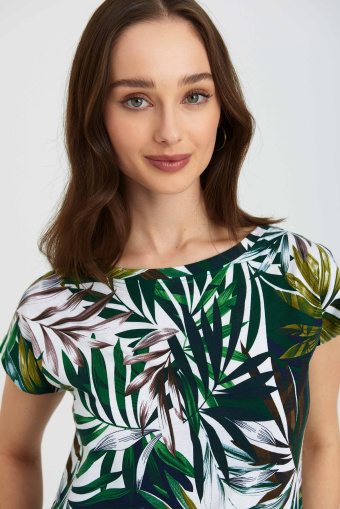 Stylowy top z tropikalnym printem, krótkie rękawy Stylowy top z tropikalnym printem, krótkie rękawy