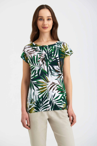 Stylowy top z tropikalnym printem, krótkie rękawy Stylowy top z tropikalnym printem, krótkie rękawy