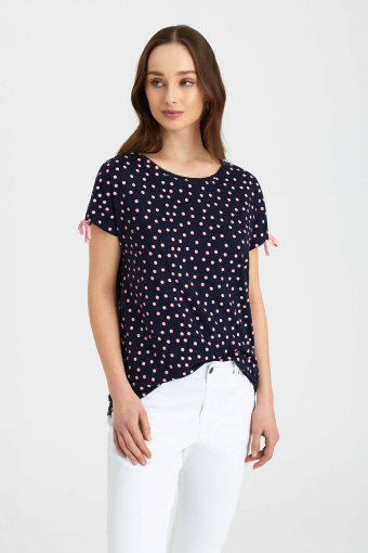 Granatowy top z ozdobnymi wiązaniami przy rękawach Granatowy top z ozdobnymi wiązaniami przy rękawach