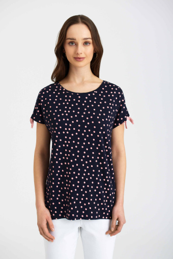 Granatowy top z ozdobnymi wiązaniami przy rękawach Granatowy top z ozdobnymi wiązaniami przy rękawach