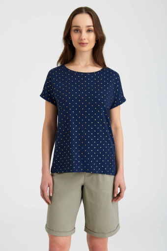 Granatowy top z błyszczącym nadrukiem w kropki Granatowy top z błyszczącym nadrukiem w kropki