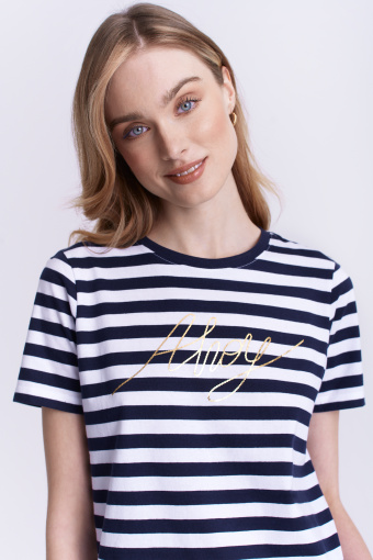 Stylowy top w granatowo-białe paski