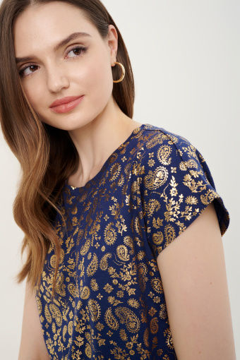 Granatowy top ze złotym nadrukiem paisley 