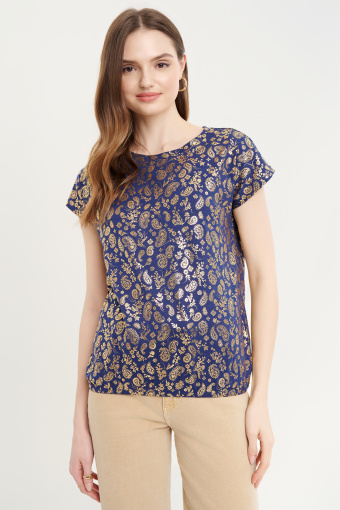 Granatowy top ze złotym nadrukiem paisley 