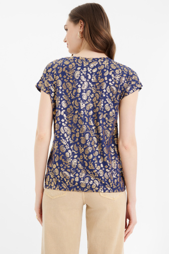 Granatowy top ze złotym nadrukiem paisley 