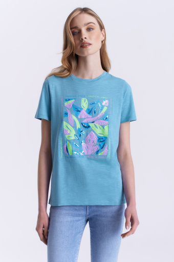 Bawełniany top z ozdobną grafiką, jasny turkus